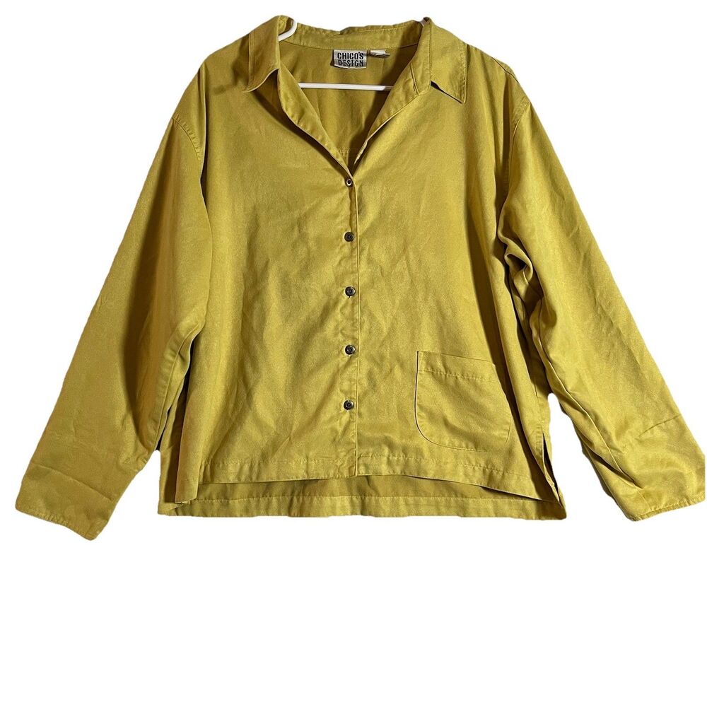 CHICO'S Faux Suede Button-Front Shirt Blouse Dijon Yellow Size 3 XL